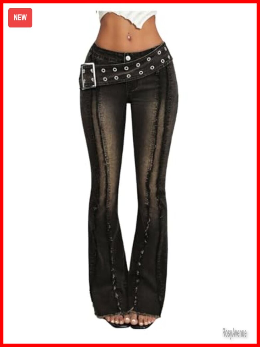 Low Rise Flare Jeans Raw Trim Grommet Eyelet Y2K Grunge Bootcut Pants